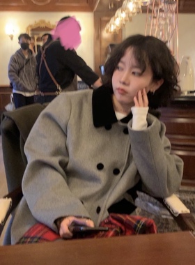 ifbeer50羊毛夹棉双排扣灰色翻领毛呢厚外套复古女宽松长款呢大衣