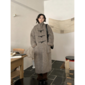 ifbeer羊毛牛角扣大衣立领咖灰色毛呢厚外套复古女宽松长款 女