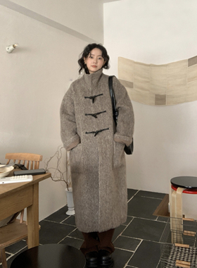 ifbeer羊毛牛角扣大衣立领咖灰色毛呢厚外套复古女宽松长款女