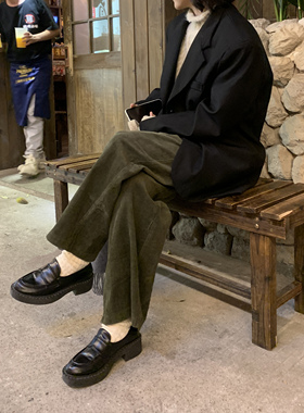 ifbeer复古秋冬绿色灯芯绒韩版高腰直筒阔腿休闲裤宽松女长裤韩版