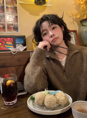 ifbeer复古翻领芥末绿高领半拉链宽松毛衣外套女ins冬上衣针织衫