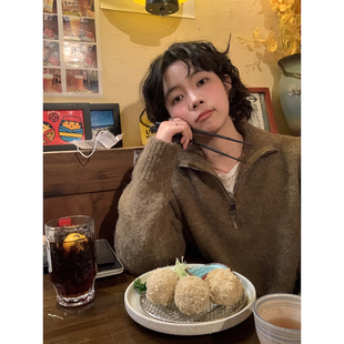 ifbeer复古翻领芥末绿高领半拉链宽松毛衣外套女ins冬上衣针织衫