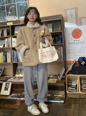 ifbeer韩版加绒灰色加厚卫裤复古宽松松紧腰直筒长裤束脚裤女