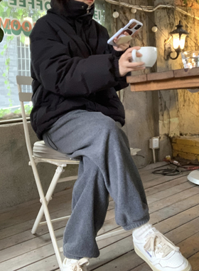 清仓！ifbeer摇粒绒深灰色加厚卫裤复古宽松松紧腰直筒长裤束脚裤