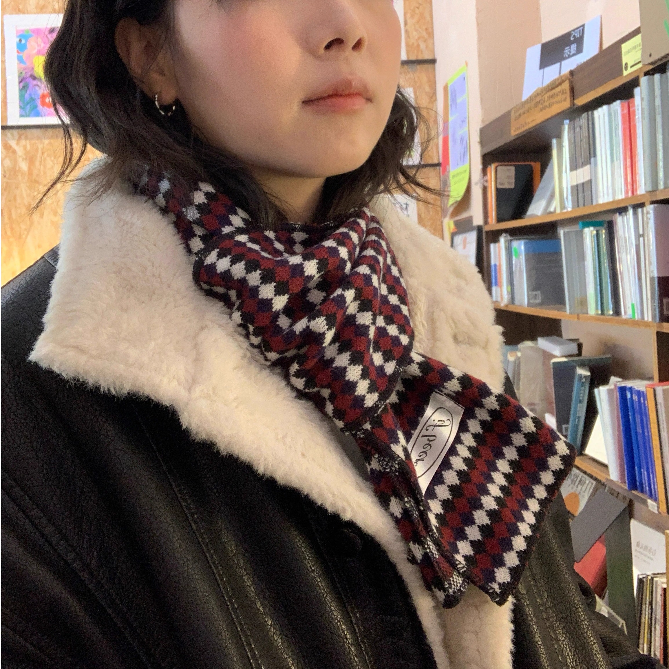 ifbeer冬季韩版复古菱格纹围巾