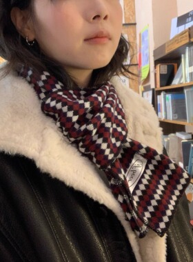 ifbeer复古红色秋冬韩版围脖菱格纹围巾格子男女可爱围巾短款ins