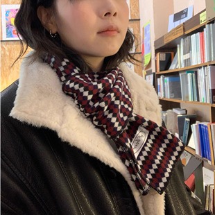 ifbeer复古红色秋冬韩版围脖菱格纹围巾格子男女可爱围巾短款ins