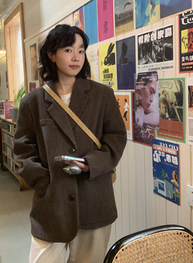 ifbeer摩卡棕人字纹毛呢夹棉加厚西装外套高级感复古上衣秋冬 韩