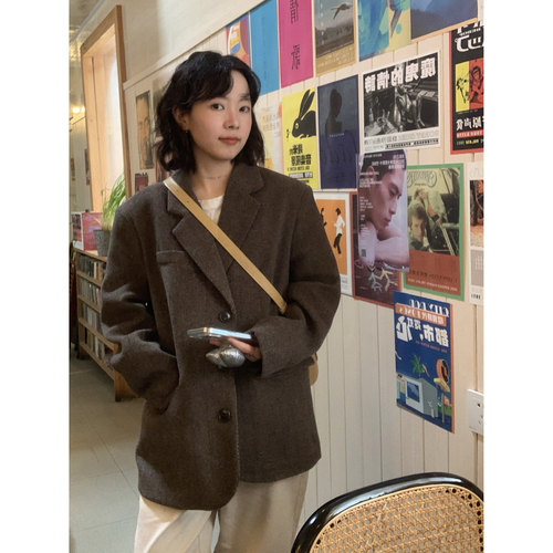 ifbeer韩版复古人字纹西装外套