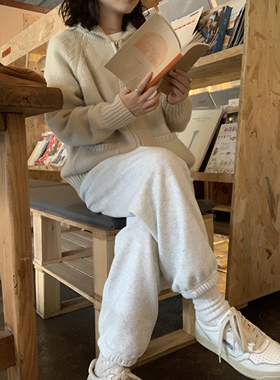 ifbeer加绒灰白色加厚卫裤复古韩版宽松松紧腰直筒长裤束脚裤女