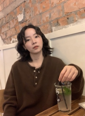 ifbeer浣熊绒羊毛胡桃木色半系扣毛衣复古韩圆领宽松针织衫外套女