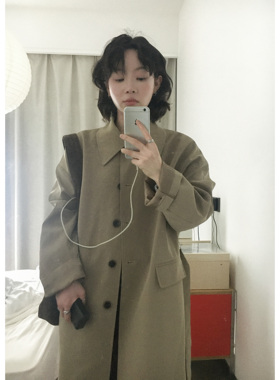ifbeer复古棕绿色ns风韩版长款宽松系带风衣大衣外套女春秋宽松