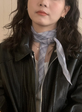 ifbeer夏日慵懒韩版卷边复古韩版蓝色格纹小领巾丝巾发带头巾