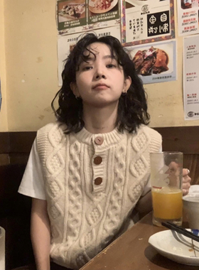 ifbeer100羊毛粗针织毛衣马甲复古古着圆领麻花背心韩版冬宽松