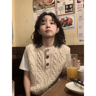 ifbeer100羊毛粗针织毛衣马甲复古古着圆领麻花背心韩版冬宽松