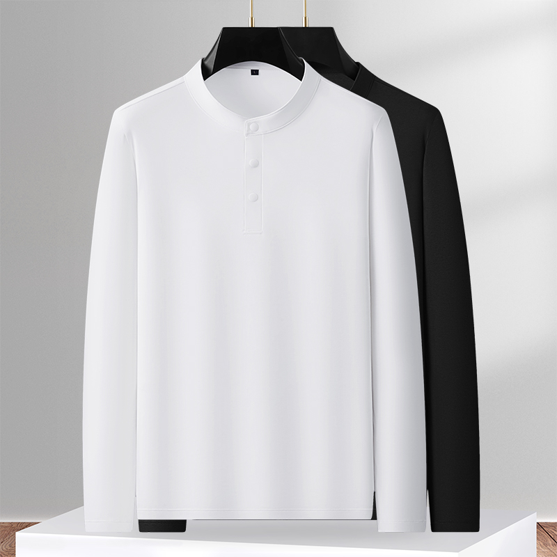 高端长袖亨利领纯棉T恤男士