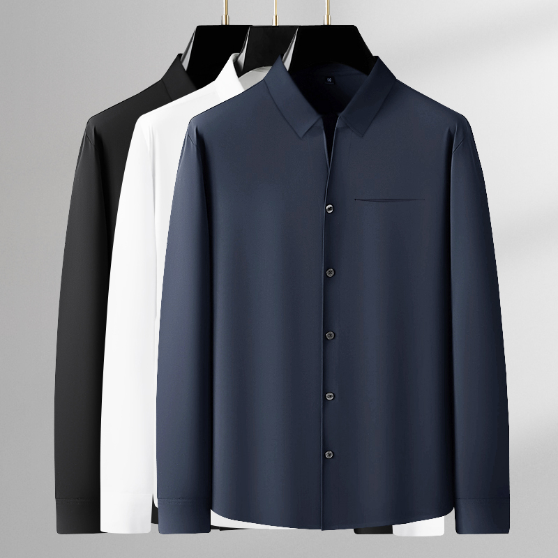 痞帅V领衬衫男士长袖秋季通勤抗皱免烫弹力丝滑休闲口袋翻领衬衫