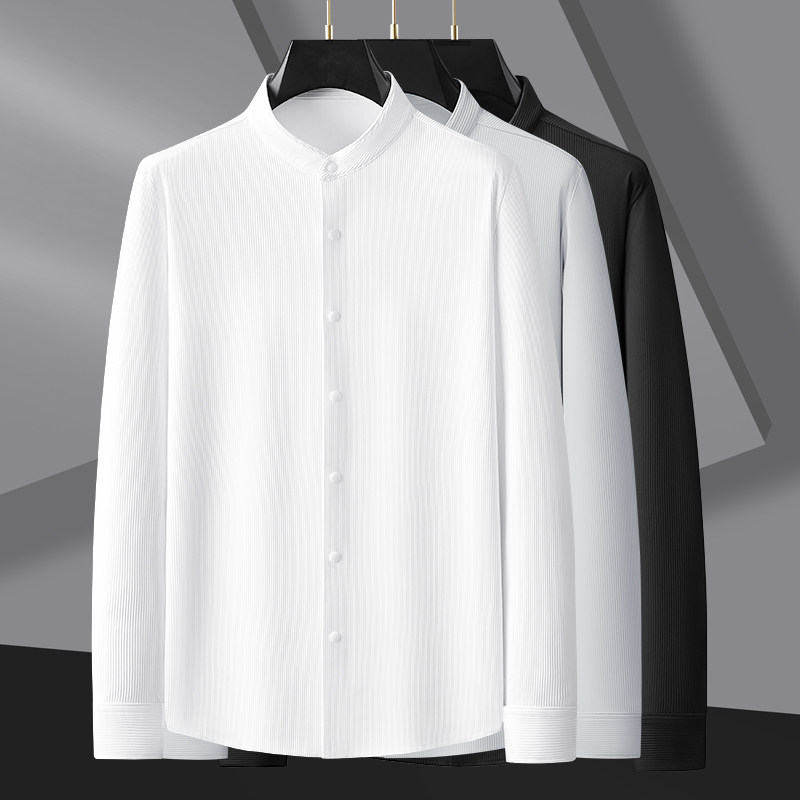 高端中式立领衬衫男长袖秋季高级感条纹肌理弹力抗皱无痕休闲衬衣