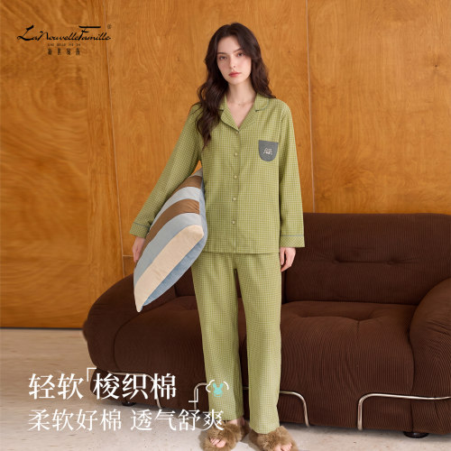 新世家族女翻领格子睡衣绿色格纹