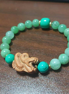 典雅桃木生肖翡翠绿松石手串紫金蛇虎鸡狗手链男女生礼物饰品气运