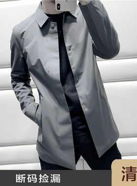 风度凌然 品位有范 春秋休闲修身翻领纯色中长款风衣外套男 C1940
