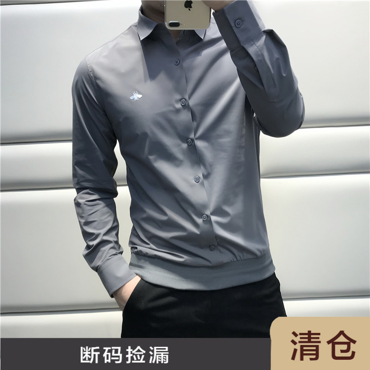 时尚微弹纯色休闲翻领修身衬衣衫