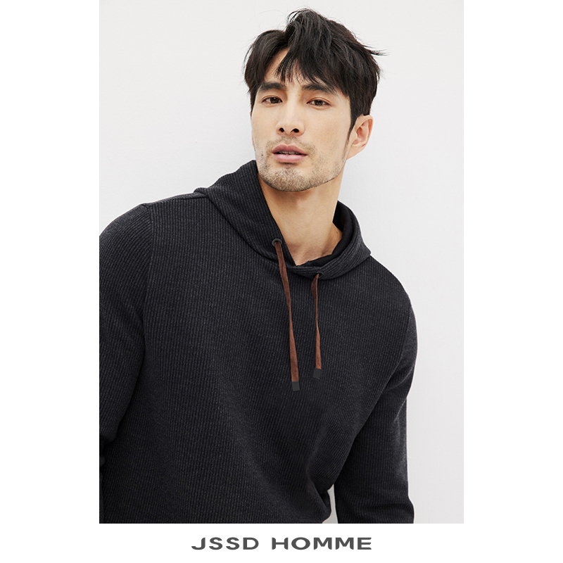 JSSD HOMME 春秋款羊毛深灰套头上衣男士休闲抽绳连帽卫衣男外套