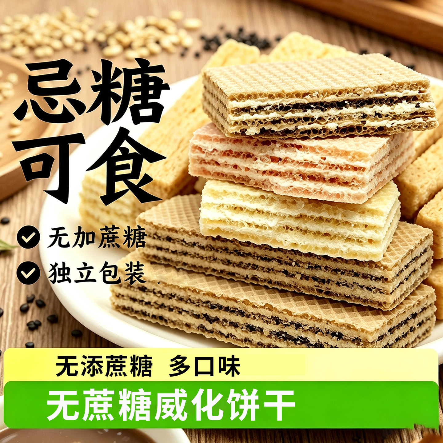 无加蔗糖黑芝麻黑豆粗粮威化饼干