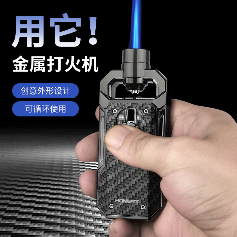 百诚新款金属蓝焰充气防风打火机耐用创意雪茄点火器烟具批发