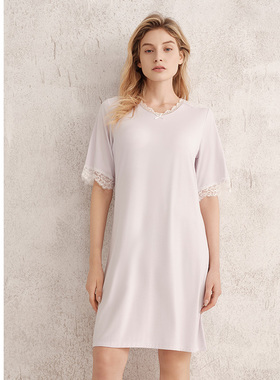 SCHIESSER舒雅女士莫代尔带胸垫V领雷丝宽松大码连衣裙家居服睡裙