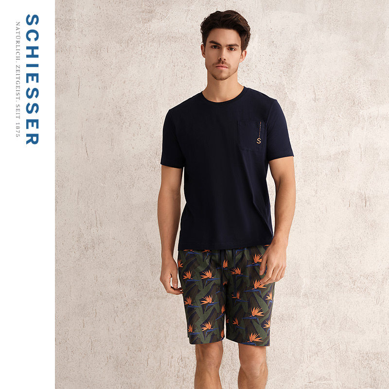 SCHIESSER舒雅男士棉莫代尔印花圆领亲肤透气大码睡衣家居服套装