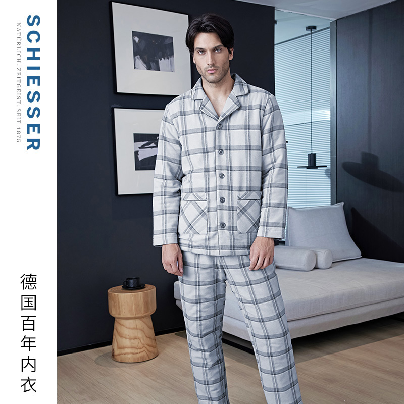 舒雅男士夹棉格子家居服套装