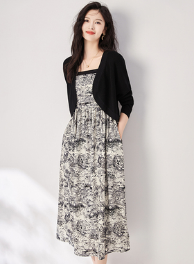 2024夏季新款高端女装黑色针织小开衫抹胸印花吊带连衣裙两件套装