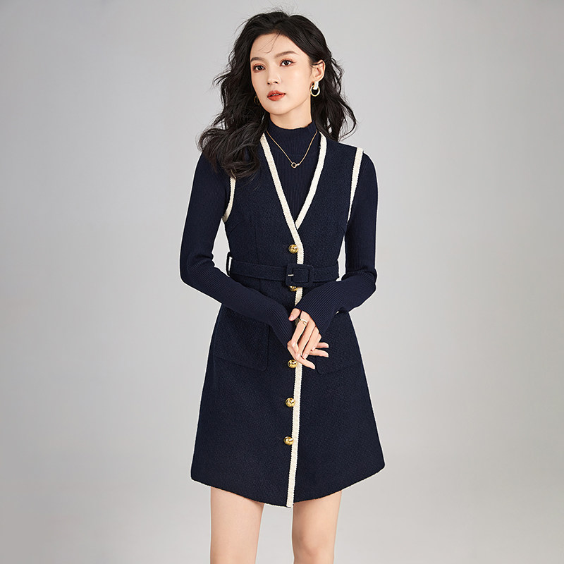 2025冬季新款羊毛粗花呢无袖拼色马夹打底毛衣两件套显瘦女藏青色