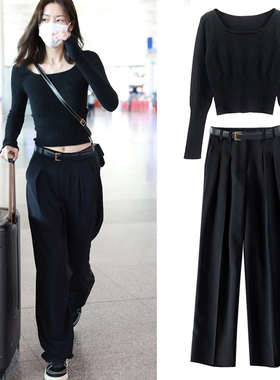 刘雯同款2023春装气质修身黑色一字领短款打底针织毛衣阔腿裤套装
