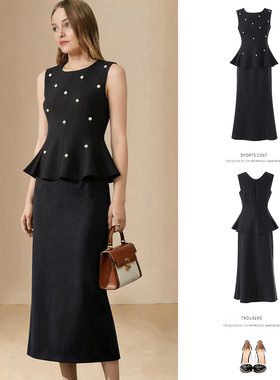 2026年春夏新款轻奢小香风钉珠无袖黑色名媛气质优雅套装裙赫本风