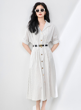 2025年夏季新款北欧风高级感条纹V领中长款连衣裙显瘦大摆衬衫裙