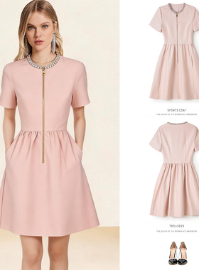 2026年春夏千金风钉珠连衣裙短袖收腰A字裙气质高级感显瘦粉色裙