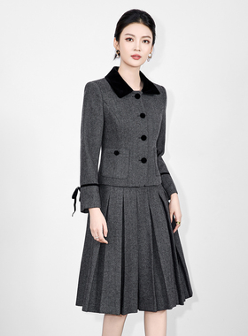 2025秋季新款女装深灰色撞色拼接气质千金风翻领百褶裙两件套通勤
