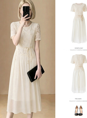 2026年春夏新款优雅蕾丝刺绣亮片连衣裙短袖收腰系带长裙气质显瘦