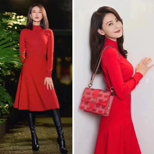 打底毛衣A字半身裙套装 红色高领针织衫 高级 高圆圆同款 2025秋新款