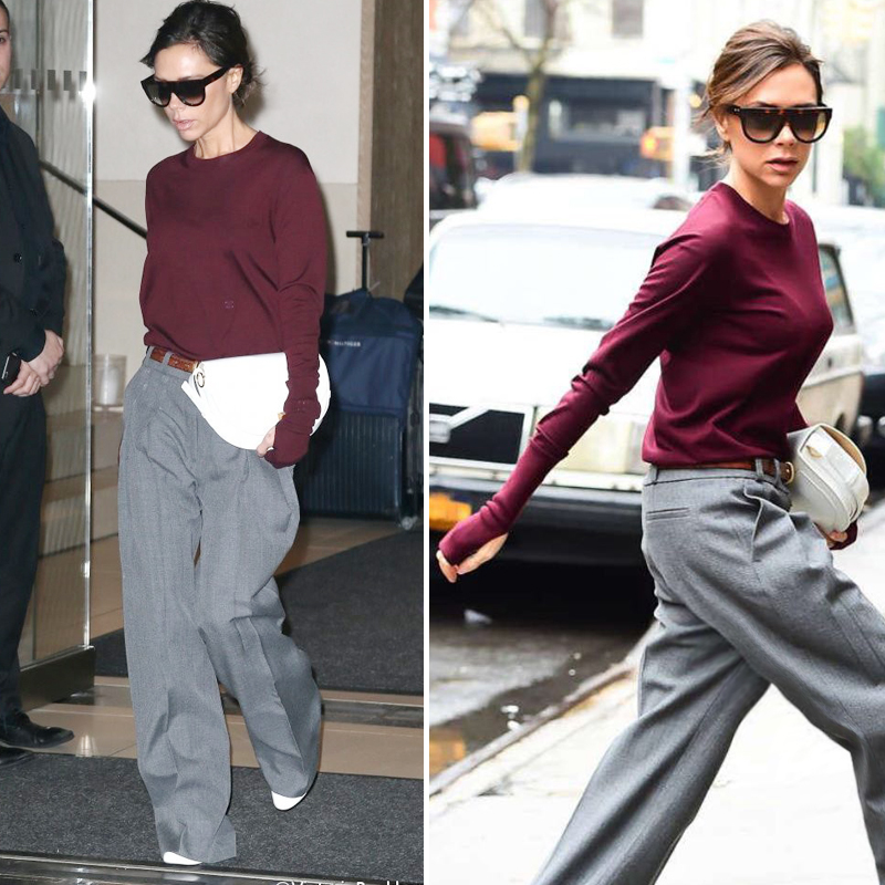 欧洲站维多利亚贝嫂同款枣红色加长袖毛衣直筒阔腿裤长裤气质套装