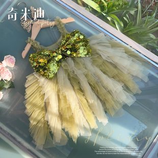 奇米迪女童洋气蝴蝶结连衣裙2024夏季 新款 儿童lolita亮片网纱裙子