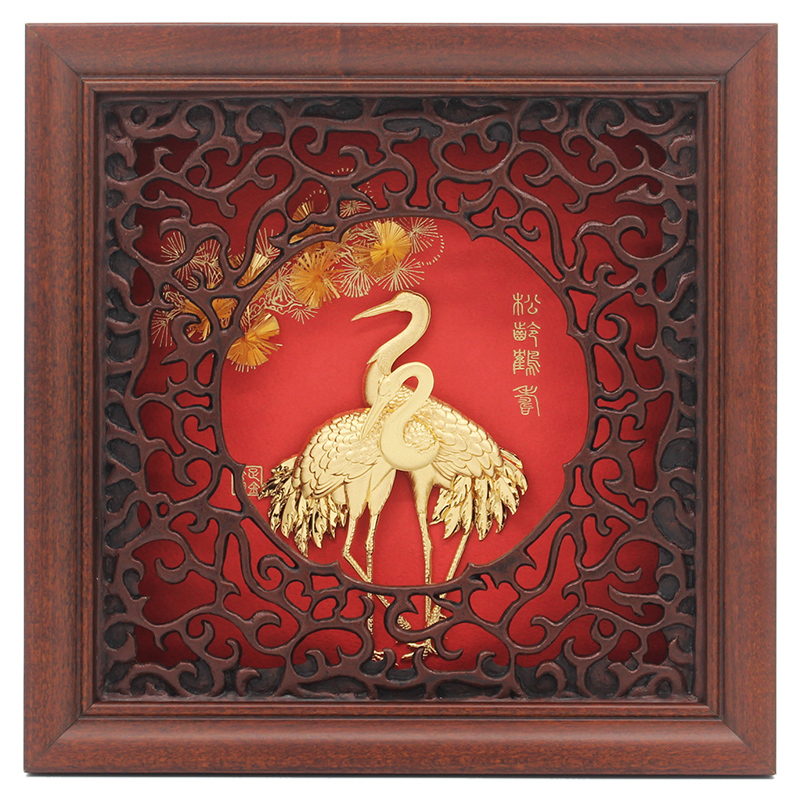 生日礼物贺寿金箔画松鹤摆件礼品