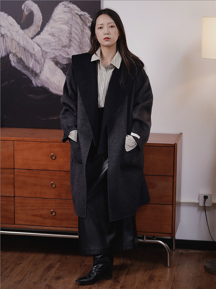 羊毛双面呢长款正反穿两件套大衣