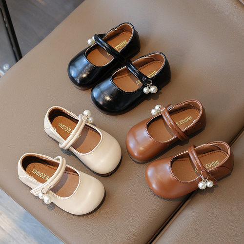 甜美珍珠儿童浅口小皮鞋软底魔术贴女童公主鞋2024秋季新款童单鞋