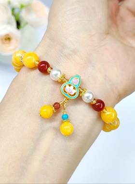 蜜蜡葫芦手串9mm红玛瑙珍珠复古中国名族手串简约新中式