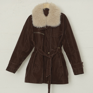 羊毛领90白鹅绒复古派克羽绒服女中长款修身收腰牛仔植绒风衣外套