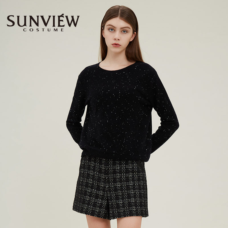 SUNVIEW/尚约纯色亮片bling简约羊毛针织衫毛衣