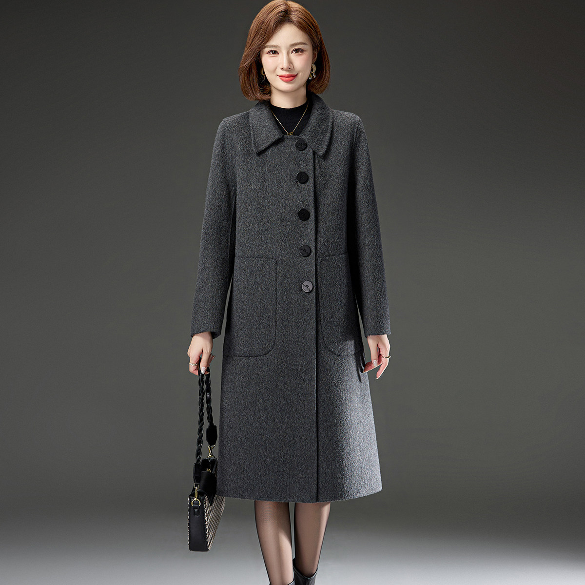 双面羊绒大衣女长款过膝春秋款正肩中老年妈妈装时尚厚羊毛呢外套